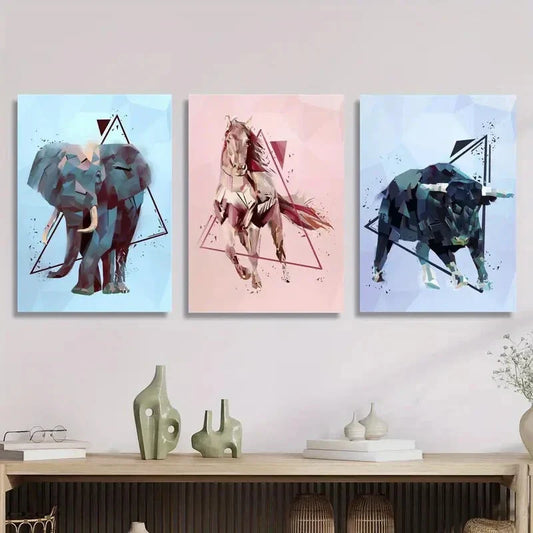 3pcs Elephant, Horse, Bull in Geometric Metal Print Ready to Hang Art