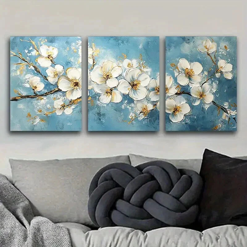 3pcs White Flowers on a Blue Background Metal Print Ready to Hang Art