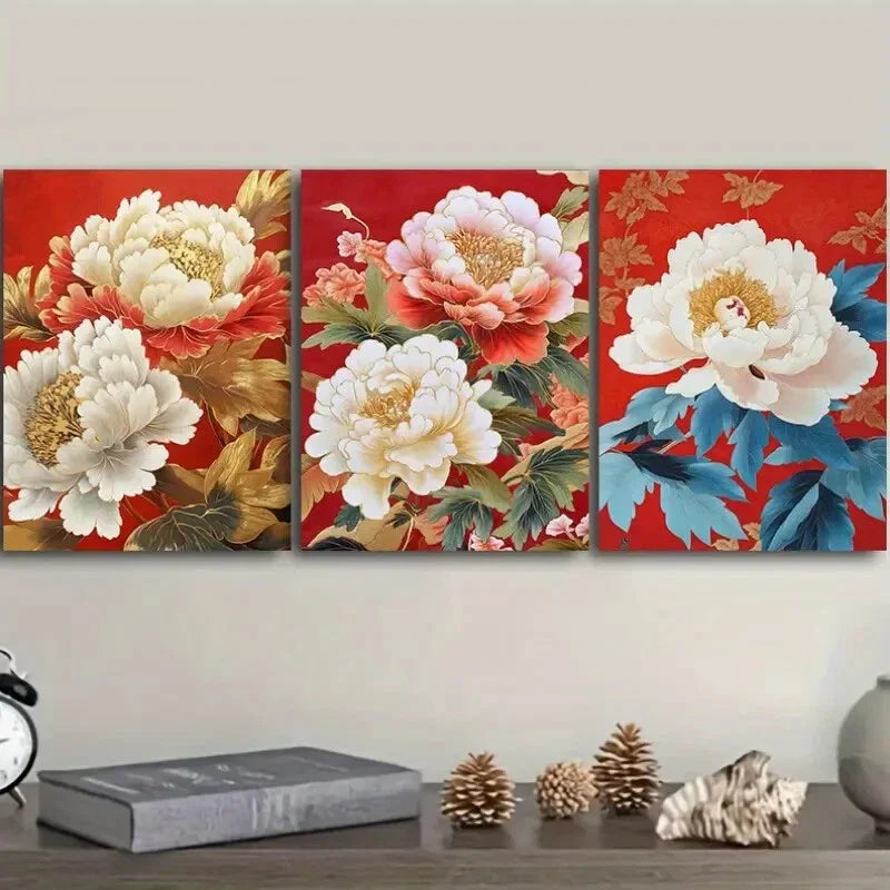 3pcs Luxurious Peony Flower Painting, Wall Art Set Canvas Framed 40x60cm - High Quality Print 100% Australian Made Wall Canvas Ready to Hang