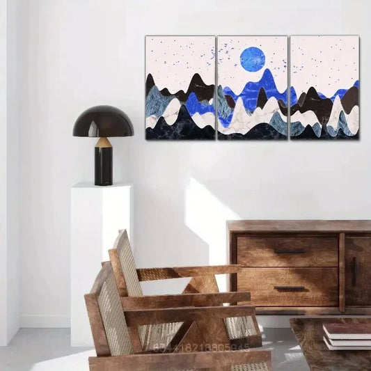 3pcs Dark starry sky, Golden moon, Golden distant Metal Print Ready to Hang Art