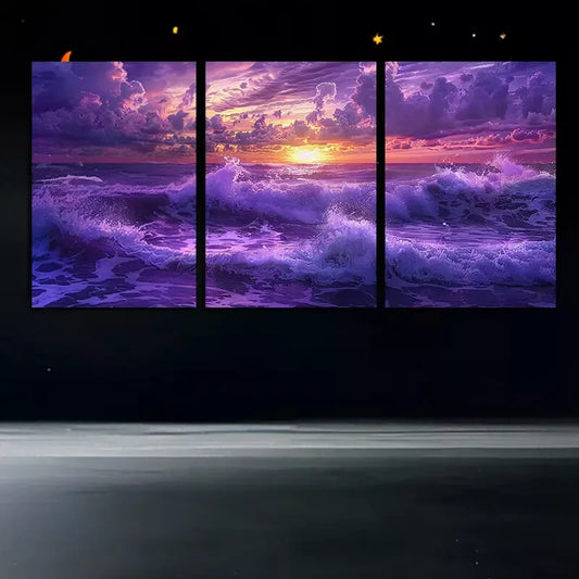 3pcs Purple Ocean Under The Setting Sun Canvas Framed 40x60cm - High Quality Print 100% Australian Made Wall Canvas Ready to Hang