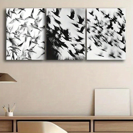 3pcs Black and White Birds Are Flying Metal Print Ready to Hang Art