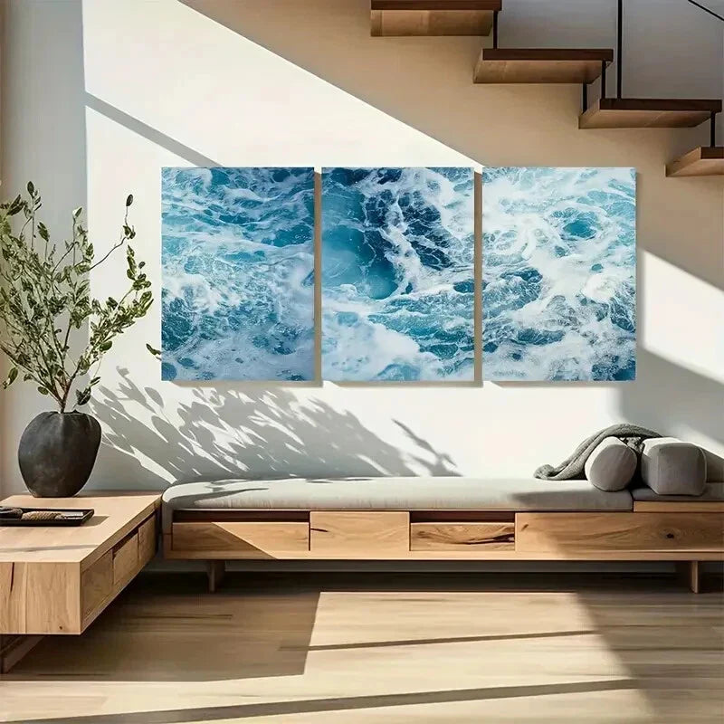 3pcs Ocean Waves Vibrant Blue White Coastal Decor Metal Print Ready to Hang Art