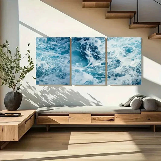 3pcs Ocean Waves Vibrant Blue White Coastal Decor Metal Print Ready to Hang Art