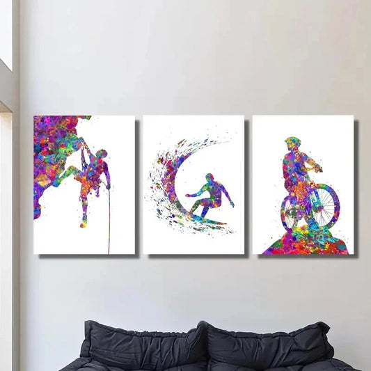 3pcs Rock Climber, Surfer, Mountain Biker  Art Metal Print Ready to Hang Art