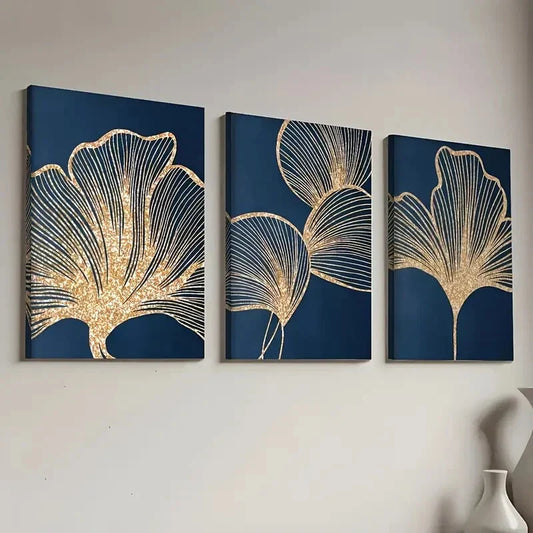 3pcs Elegant Golden Ginkgo Leaf on Navy Blue Wall Art Set Canvas Framed 40x60cm - High Quality Print 100% Australian Made Wall Canvas Ready to Hang