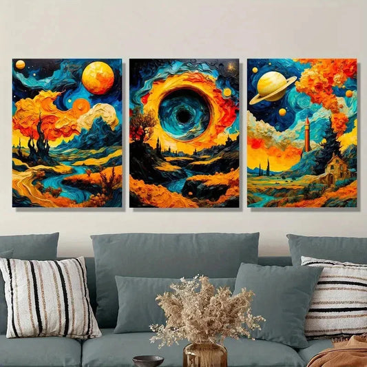 3pcs   Vibrant Mountain Lake Sunset, Cosmic Sky, Art Metal Print Ready to Hang Art