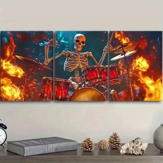 3pcs Skeleton Drummer Deco Classic Metal Print Ready to Hang Art