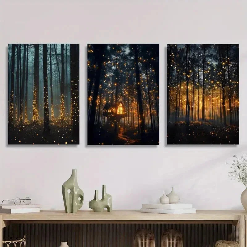 3pcs Firefly magic forest, dreamy Metal Print Ready to Hang Art
