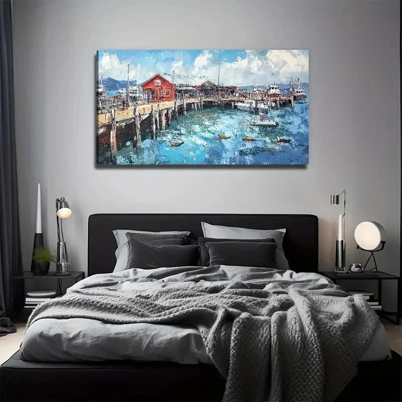 Fisherman'S Harbor Perfect Wall Art Canvas Office Home Room Framed 80x45cm