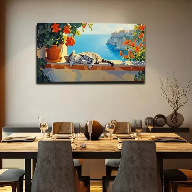 Serene Cat By The Sea Wall Art Canvas Office Home Room Framed 120x60cm