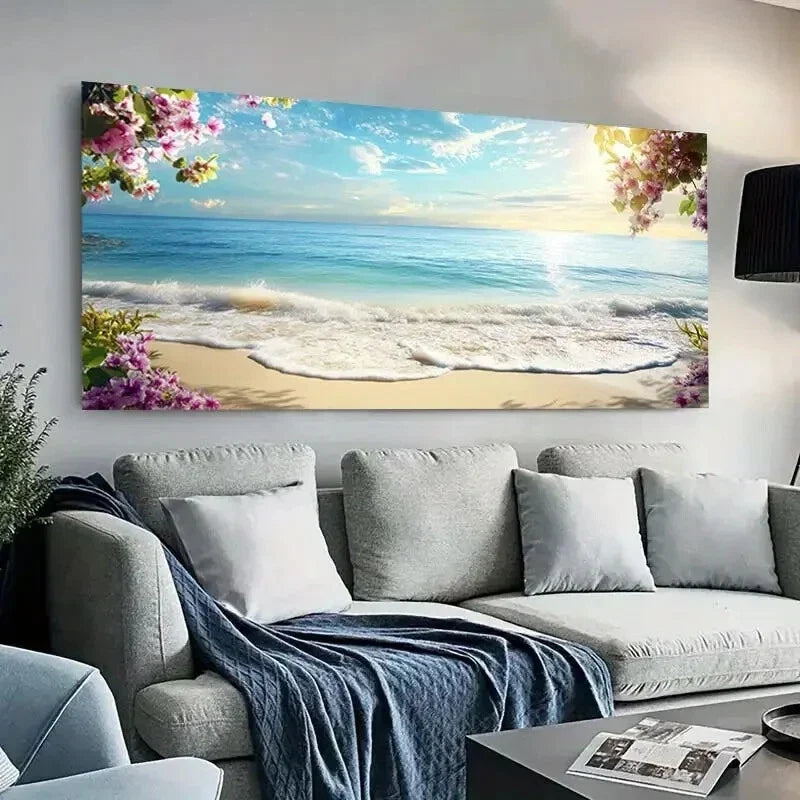 Coastal Sunset Floral Sea wall canvas office home room framed 120x60cm