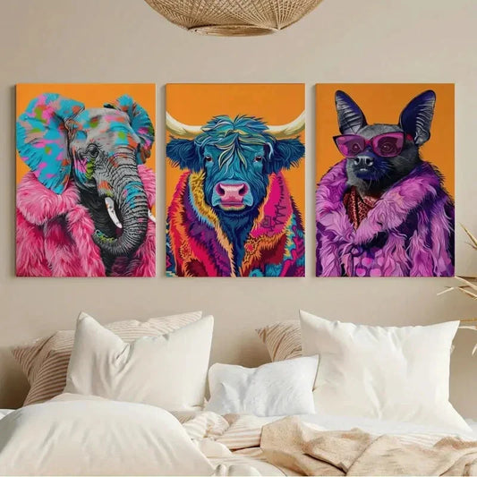 3pcs Colorful Animal Fashion Maximalist Metal Print Ready to Hang Art