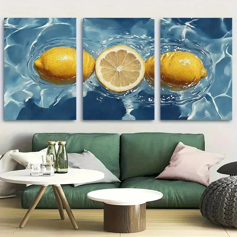 3pcs Lemons Floating In Swimming Pool Metal Print Ready to Hang Art
