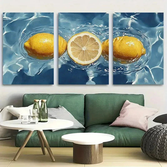 3pcs Lemons Floating In Swimming Pool Metal Print Ready to Hang Art