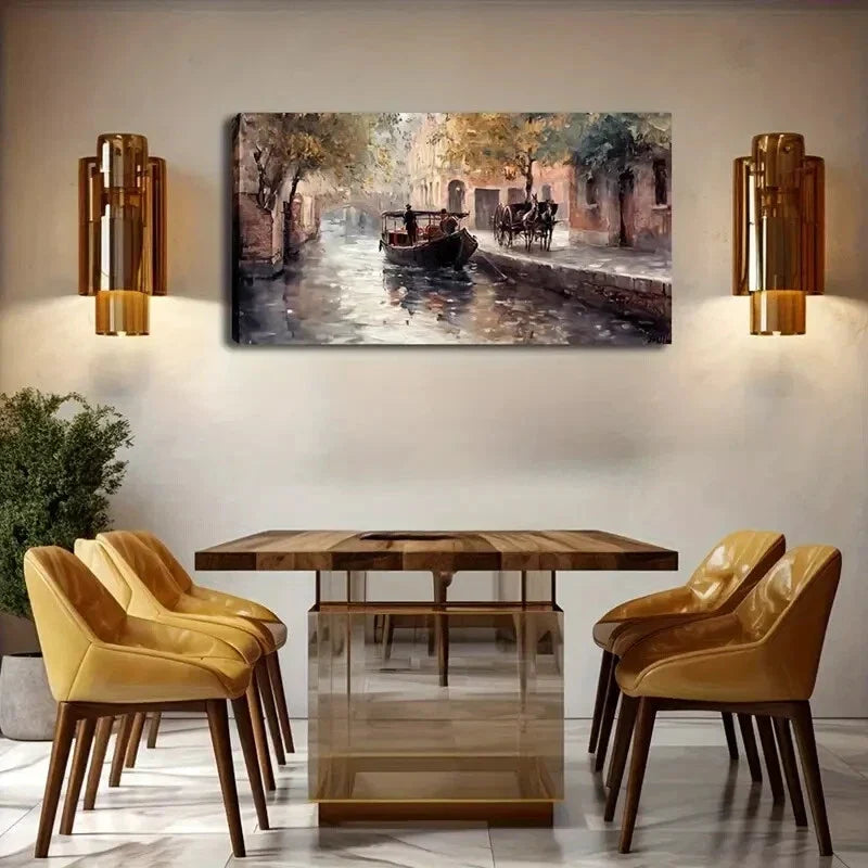 Serene River Scene with Gondola Wall Art Canvas Office Home Room Framed 120x60cm