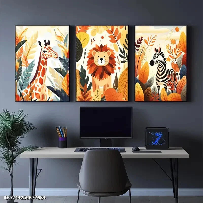 3pcs Safari Autumn Adventure Lion Giraffe Zebra Metal Print Ready to Hang Art