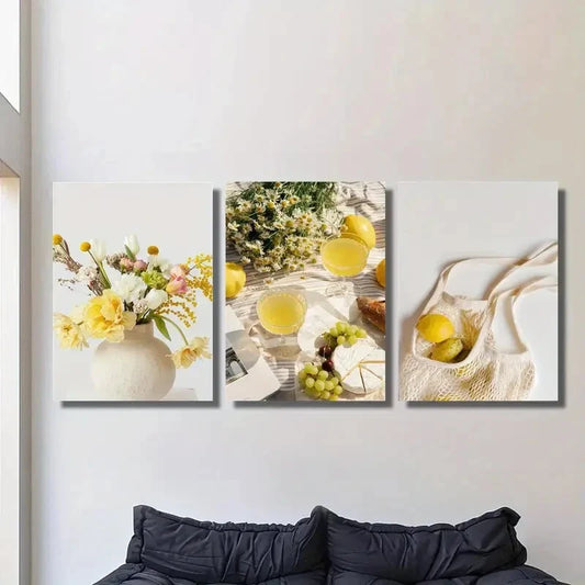 3pcs Picnic Delicacies Lemon Grape Art Paintings Metal Print Ready to Hang Art