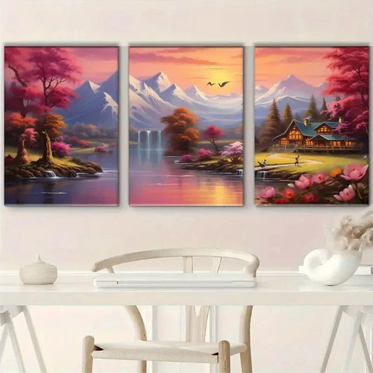 3pcs Rustic Scenic Mountain and Lake Sunset Metal Print Ready to Hang Art