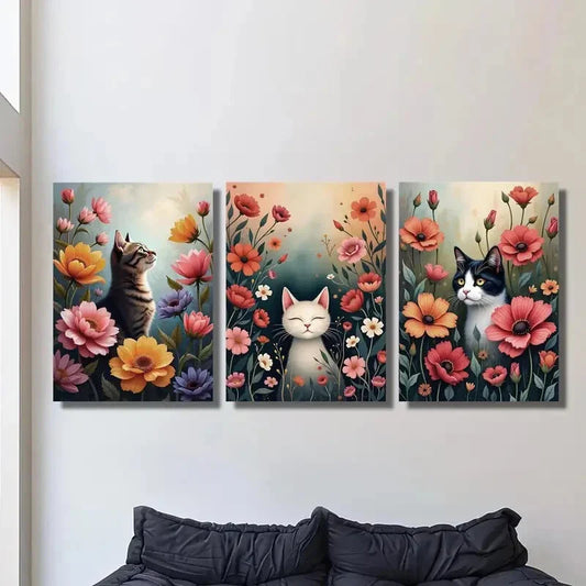 3pcs  Cats in the Garden Colorful Floral Metal Print Ready to Hang Art