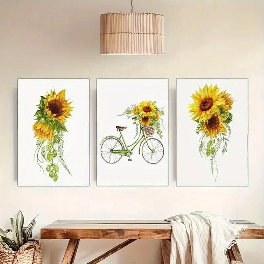 3pcs Sunflower and Bicycle Artwork Print Set Metal Print Ready to Hang Art