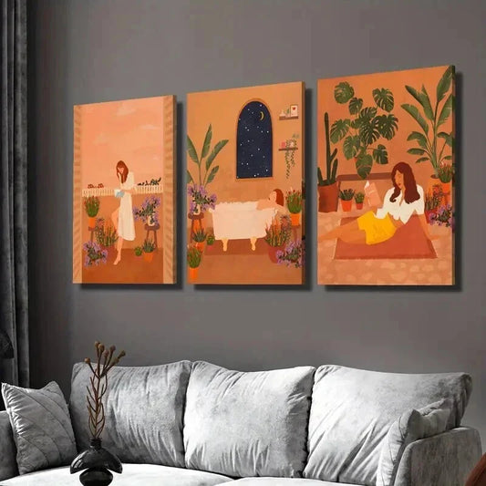 3pcs Serene Plant & Girl Illustrations Wall Art Set Canvas Framed 40x60cm - High Quality Print 100% Australian Made Wall Canvas Ready to Hang