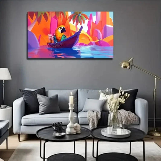 Boat Parrot Tropical Wall Art Canvas Office Home Room Framed 120x60cm