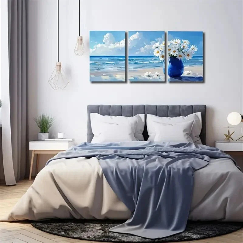 3pcs Ornamental Seaside Abstract White Vase Metal Print Ready to Hang Art