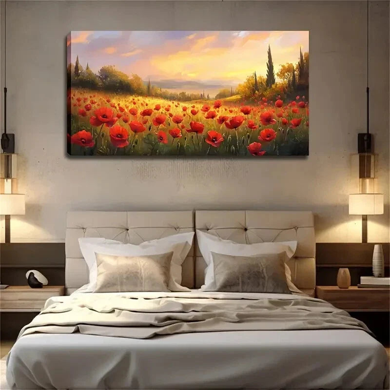 Blooming Red Poppies Field Wall Art Canvas Office Home Room Framed 120x60cm