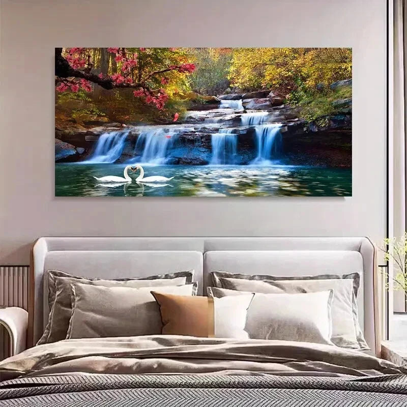 White Swans Waterfall Nature Wall Art Canvas Office Home Room Framed 120x60cm