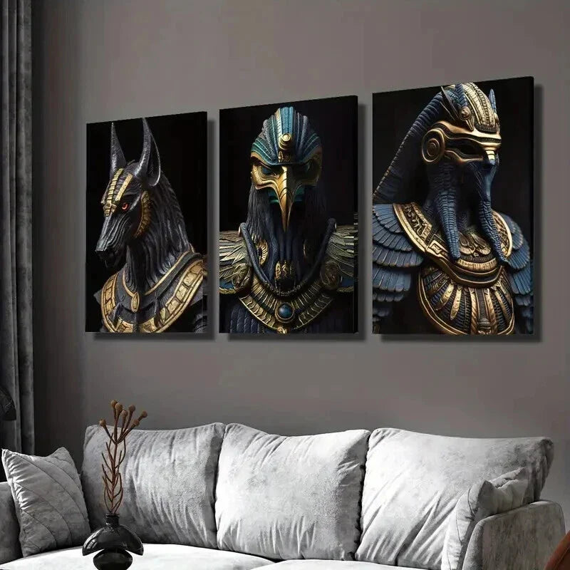 3pcs Black & Golden Pharaoh & Anubis Wall Art Set Canvas Framed 40x60cm - High Quality Print 100% Australian Made Wall Canvas Ready to Hang