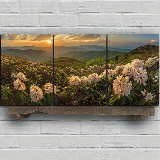 3pcs Blooming Flowers Sunrise Mountain Metal Print Ready to Hang Art
