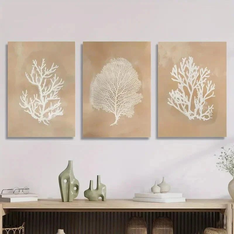 3pcs Beige coral art, seaweed botanical painting, Metal Print Ready to Hang Art