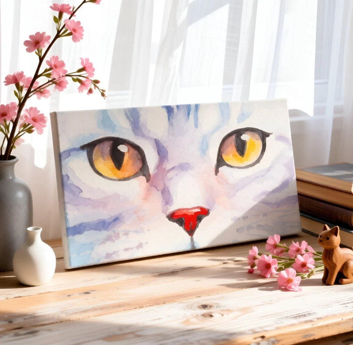 Watercolour Cat Eyes Cute Feline Pet Wall Art Canvas Office Home Framed 120x60cm