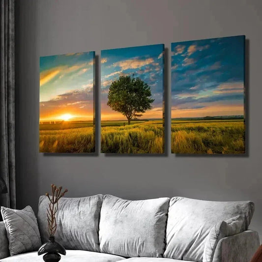 3pcs Trees in the Field & Sunset Landscape Wall Art Set Canvas Framed 40x60cm - High Quality Print 100% Australian Made Wall Canvas Ready to Hang