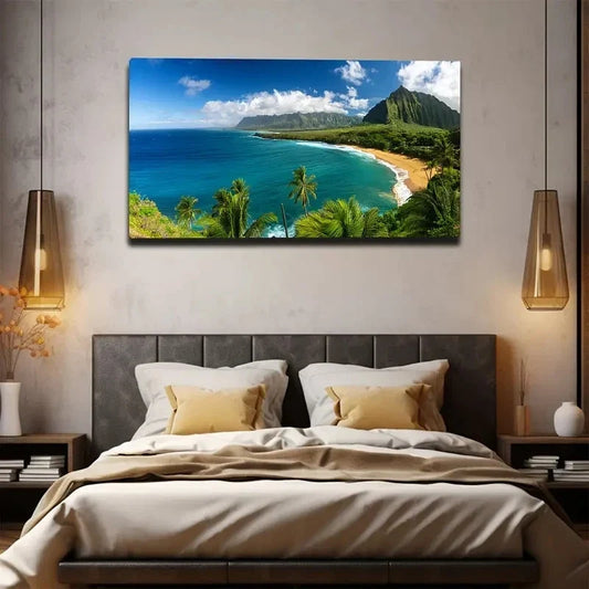 Tropical Beach Resort Wall Art Canvas Office Home Room Framed 80x45cm