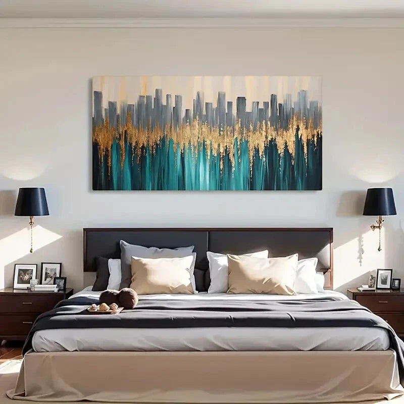 Teal Waves & Golden Accents Wall Art Canvas Office Home Room Framed 120x60cm