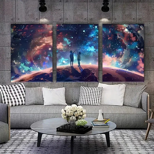 3pcs Anime-Inspired Galaxy and Couple Silhouette Metal Print Ready to Hang Art