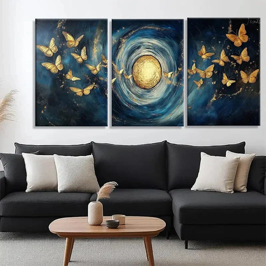 3pcs Golden Butterflies Swirling Décor Perfect Wall Art Set Canvas Framed 40x60cm - High Quality Print 100% Australian Made Wall Canvas Ready to Hang
