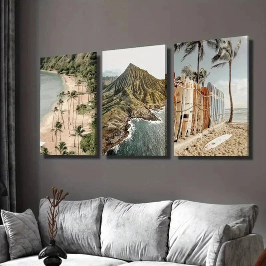 3pcs Mountain Surfing And Coastal Beach Scenes Wall Art Set Canvas Framed 40x60cm - High Quality Print 100% Australian Made Wall Canvas Ready to Hang