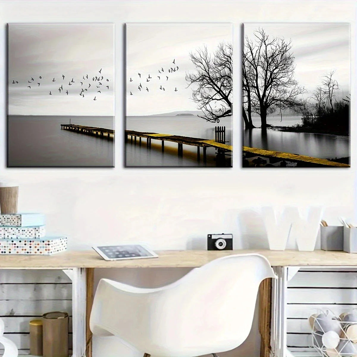 3pcs Golden Lake Bridge Flying Birds Scenery Metal Print Ready to Hang Art