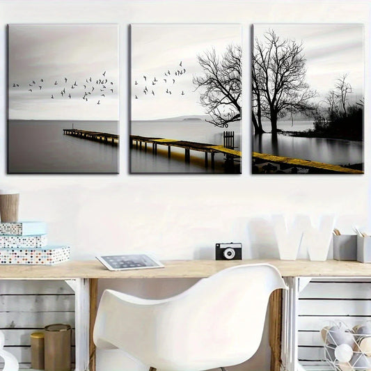 3pcs Golden Lake Bridge Flying Birds Scenery Metal Print Ready to Hang Art