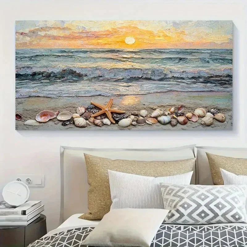 Coastal Sea View With Shells Wall Art Canvas Office Home Room Framed 120x60cm