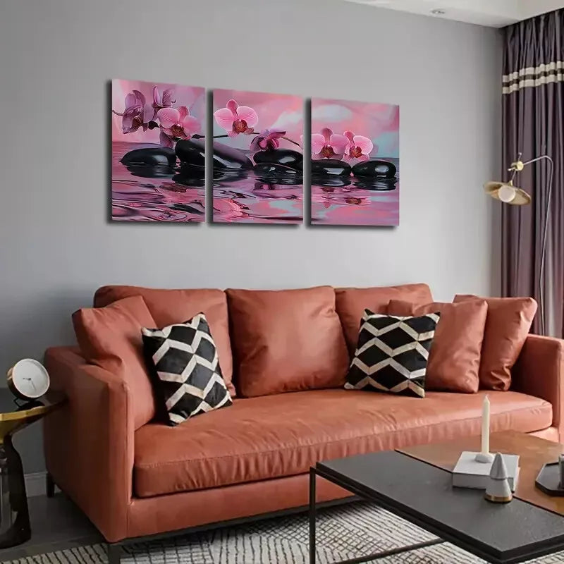 3pcs Water, Pebbles, Orchids, Wall Art Set Canvas Framed 40x60cm - High Quality Print 100% Australian Made Wall Canvas Ready to Hang