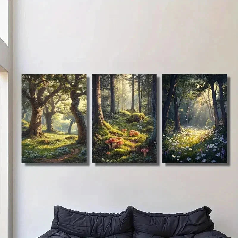 3pcs Magic forest, nature landscape, mushrooms, Metal Print Ready to Hang Art
