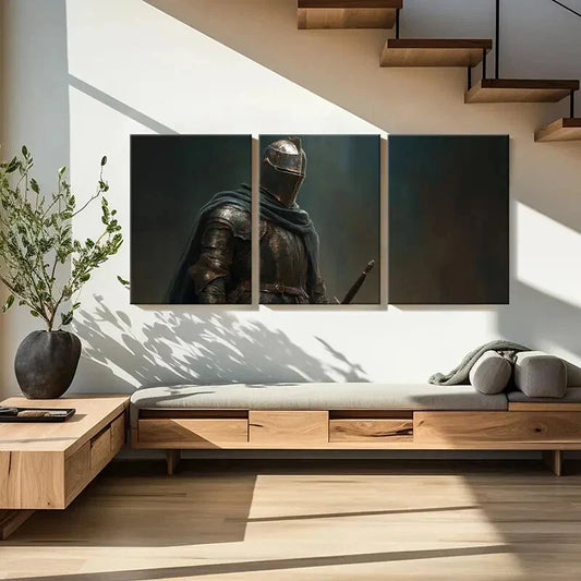 3pcs Medieval Knight Armor Metal Texture Dark Cape Metal Print Ready to Hang Art