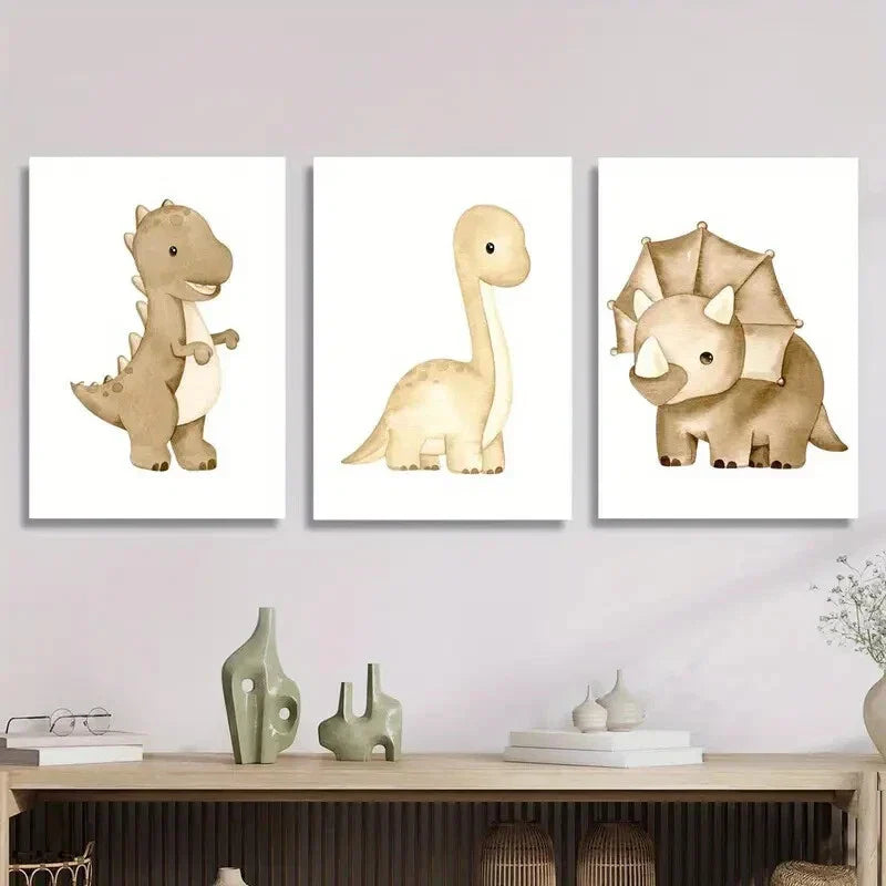 3pcs Dinosaur Cartoon Animal Themed Metal Print Ready to Hang Art
