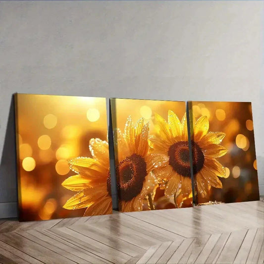 3pcs Sunflower Morning Dew Design Wall Art Set Canvas Framed 40x60cm - High Quality Print 100% Australian Made Wall Canvas Ready to Hang