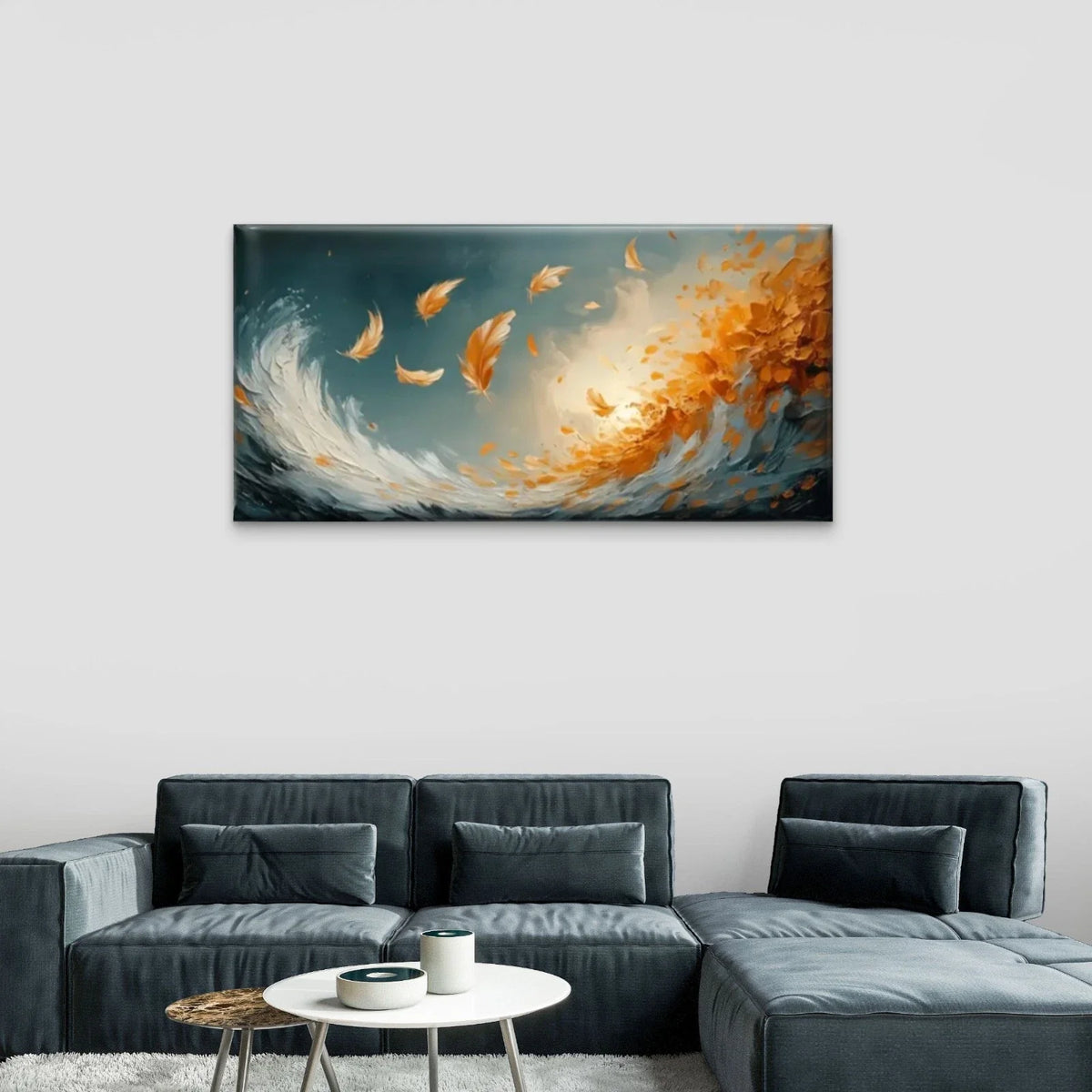 Waves Orange Feathers Wall Art Canvas Office Home Room Framed 80x45cm
