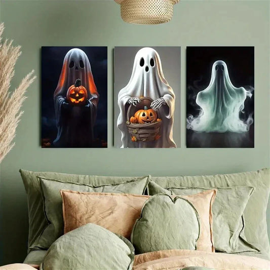 3pcs White Translucent Ghost with Pumpkin Metal Print Ready to Hang Art